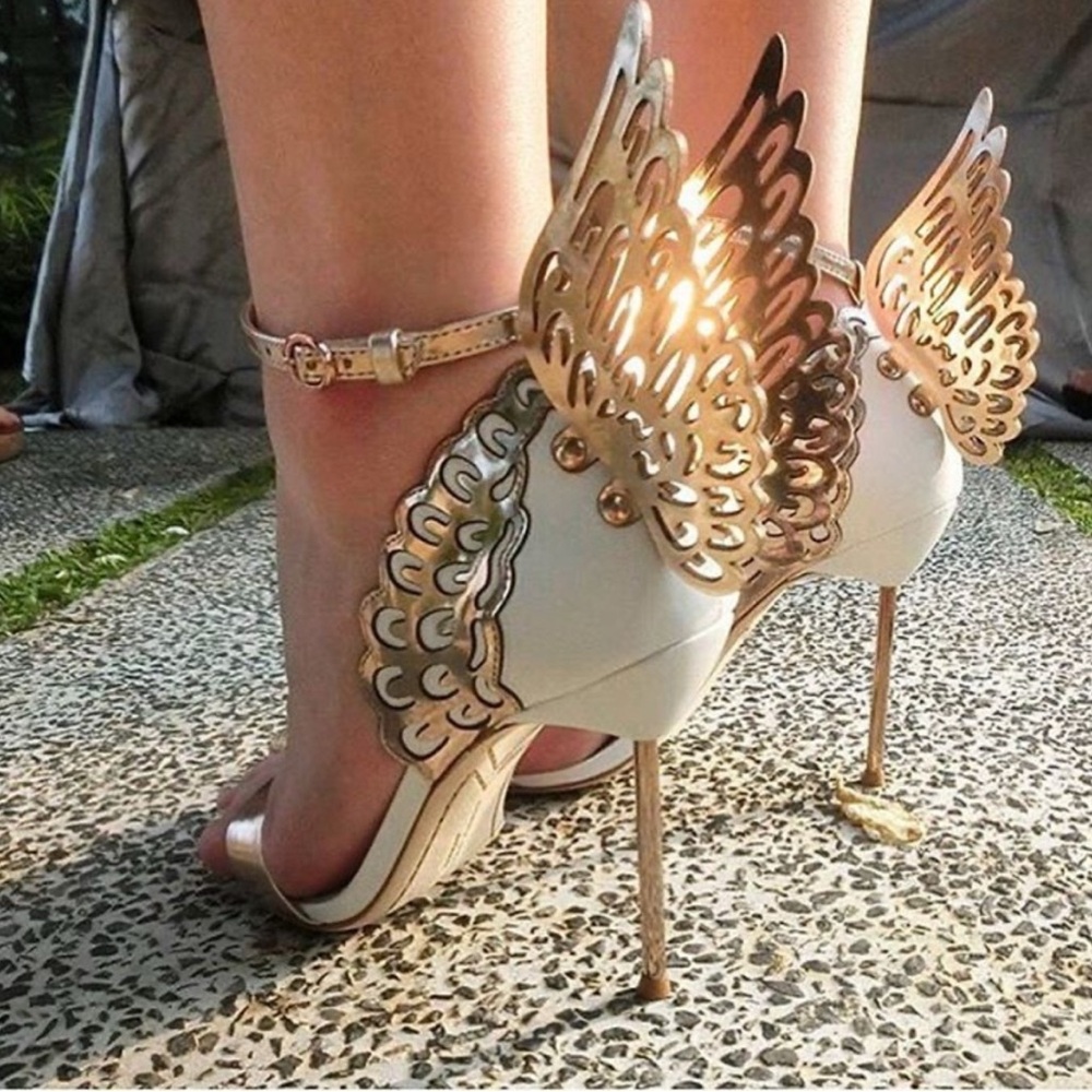 Sophia Webster Evangeline Elegant Winged Heels in Gold and White